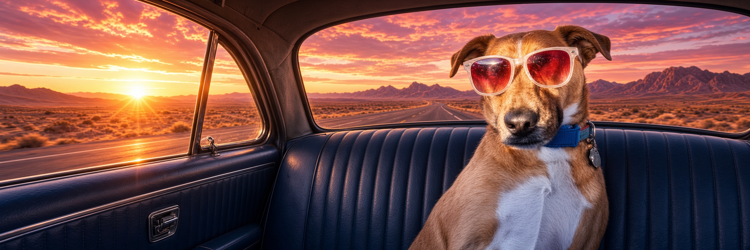 SANDY riding shotgun toward a desert sunset